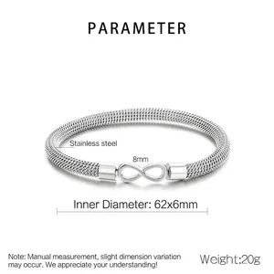 Macro detail of infinity charm on a woven stainless steel mesh bangle with dimensions