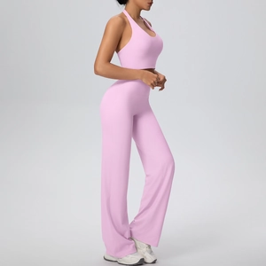 Detail view of light pink halter yoga vest and high-waist loose sports pants set