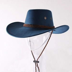 Detail of navy faux suede cowboy hat with braided leather band and adjustable chin strap