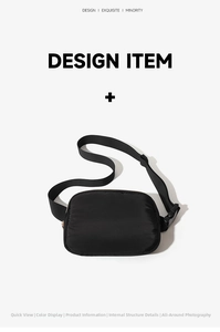 Close-up of waterproof nylon material and plastic buckle on the black crossbody bag