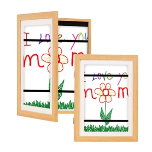 Front-opening wood storage picture frame for kids art with magnetic closure system