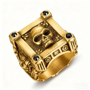 Men's punk gothic skull ring in vintage gold finish with black stone inlay