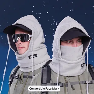 Winter thermal grey fleece neck gaiter mask with hood and integrated brim for men