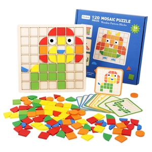 3D wooden mosaic puzzle set for kids with geometric blocks and pattern cards