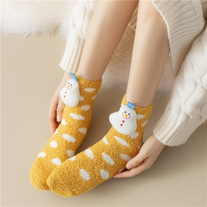 Cute yellow coral fleece Christmas socks with 3D snowman and cloud pattern worn by a model