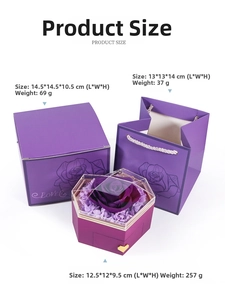 Detailed view of purple rose jewelry box and gift bag set with exact dimensions and weights