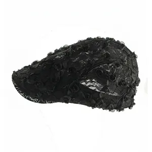 Women's breathable black lace beret with 3D rose floral hollow mesh summer design