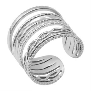 Detail view of multi-layer wide adjustable stainless steel ring with wave texture