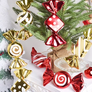 Christmas Tree Hanging Ornaments Electroplated Plastic Candy Shapes Holiday Party Decor Vibrant Red Gold Metallic Finish