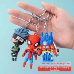 Macro detail of Kakashi, Spider-Man, and Optimus Prime rubber keychain figurines