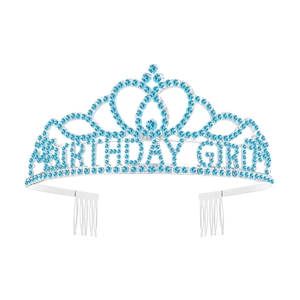 Detailed close-up of a silver birthday girl crown with blue rhinestones and hair combs