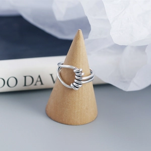 Detail of S925 sterling silver multilayer wire wrap ring on a wooden display stand