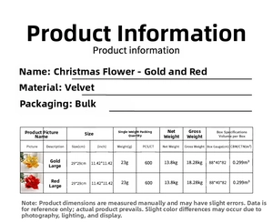 Detailed size chart for velvet Christmas flower decorations showing dimensions and weights