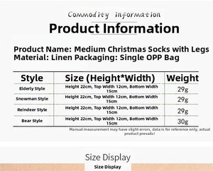 Size chart for burlap Christmas stockings with 3D dolls showing dimensions and weights