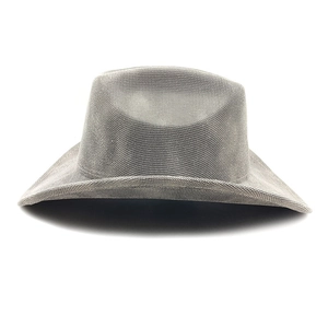 Detail of grey woven cowboy hat with textured pattern and classic curved brim style
