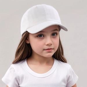 Classic white cotton baseball cap for kids with six-panel design and curved brim detail