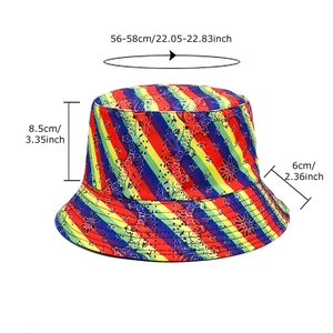 Rainbow striped bucket hat with black paisley pattern and detailed size measurements
