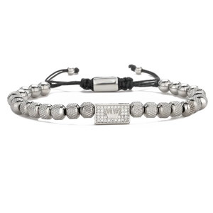 Retro crown beaded bracelet with stainless steel beads and adjustable black woven cord