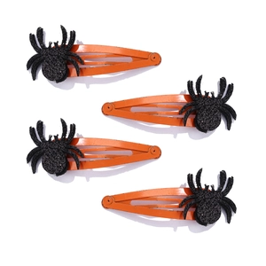 Set of four Halloween spider hair clips with orange metal and black glitter details