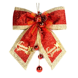 Red and gold Christmas bow decoration with pine cones, baubles and festive greetings