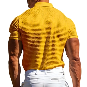 Detailed back view of men's slim-fit yellow waffle knit polo shirt with texture