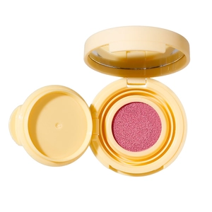 Minimalist peach matte cushion blush in cream beige compact with mirror on white background