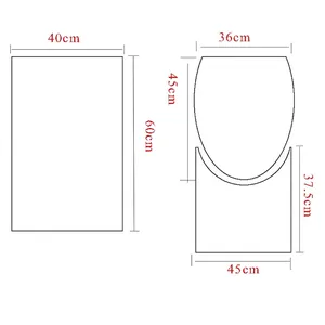 Three-piece bathroom mat set with dimensions for bath rug, toilet lid cover and U-shaped mat