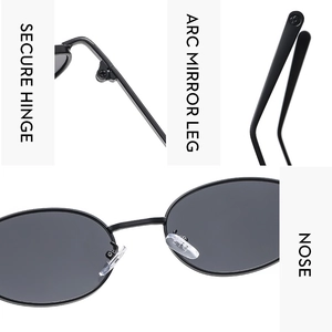 Detailed view of secure hinge, arc mirror leg and nose pads on oval retro sunglasses