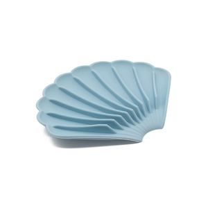 Sky blue shell-shaped silicone soap dish with a minimalist self-draining design for bathroom