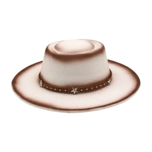 Chapeau en laine bicolore dégradé avec rivets étoilés et ruban en cuir marron