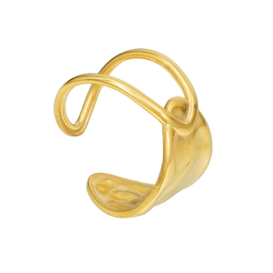 Detail of gold titanium steel ring featuring a unique double-layer hollow geometric design