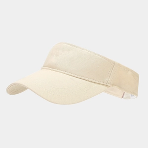 Detail view of breathable beige cotton sun visor with reinforced brim stitching and sweatband