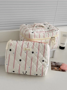 Pink star stripe quilted makeup bag set with top handle and cosmetic storage pouches