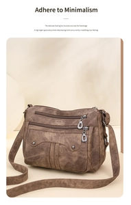 Detail of vintage brown soft leather crossbody bag with multiple zipper compartments