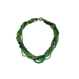 Elegant multi-layered green crystal wrap necklace with twisted bead design on white background