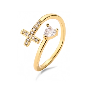 Gold-plated minimalist open ring with heart-shaped zircon and pave cross design