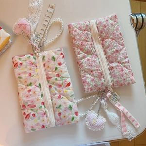 Pochette En Coton Matelassé À Fleurs Fermeture Éclair Sac De Rangement Cosmétique Pour Téléphone Chaîne Künstliche Perles Cœur Femmes