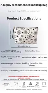 Spider web makeup bag detail showing 17x25cm dimensions and fine linen material