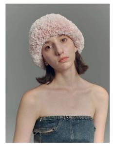 Detail of pink faux fur knit hat showing soft plush texture and warm winter material