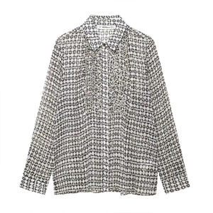 Elegant Women Geometric Print Chiffon Blouse French Style Long Sleeve Ruffle Lapel Shirt Office Commuter Tops
