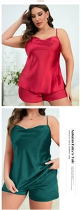 Detail showing high-gloss satin sleepwear set with silk texture in red and green colors