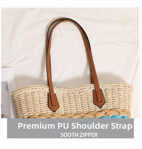 Detail of the high-quality brown PU leather shoulder strap and rainbow straw weave pattern