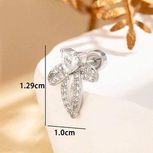 Bowknot titanium steel stud earrings with heart-shaped zircon stones and 1.29cm height