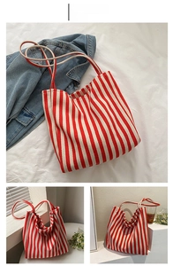 Three views of a red and white striped canvas tote bag with matching shoulder straps