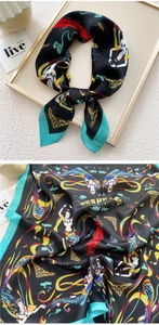 Detail of Dunhuang flying apsaras silk scarf with black satin and teal border
