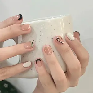 French Abstract Line Press On Nails Nude Pink Square Round False Nails Glossy Elegant Manicure Accessories