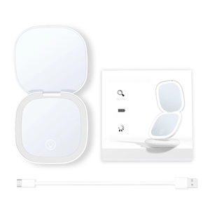 White LED folding makeup mirror with 5X magnification and USB cable in package