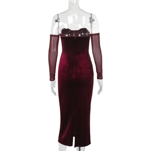 Back view of burgundy velvet strapless evening dress with split mesh sleeves
