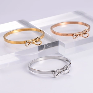 Bowknot Bangle Bracelet For Women 316L Stainless Steel 18K Gold Plated With Rhinestone Bow Inlaid Elegant Christmas Gift