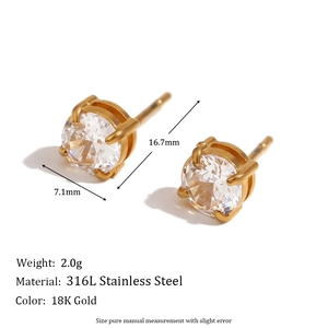 Detail view of 18K gold-plated 316L stainless steel stud earrings with large clear zircon
